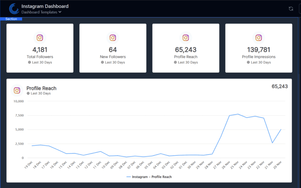 "Screenshot of an Instagram analytics dashboard showing metrics for an Instagram Insights Report, including followers and profile reach statistics."