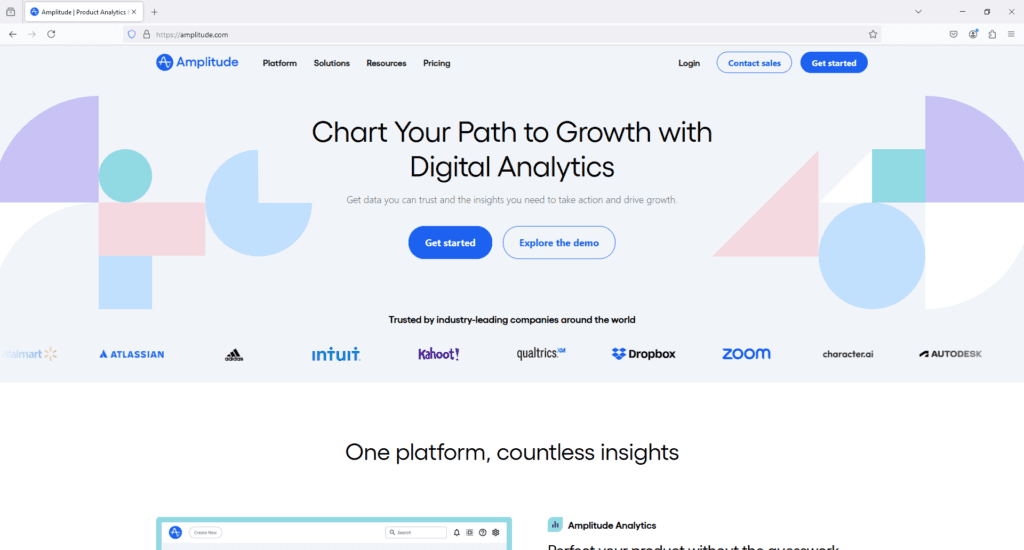 Amplitude homepage promoting digital analytics tools for data-driven growth and insights.