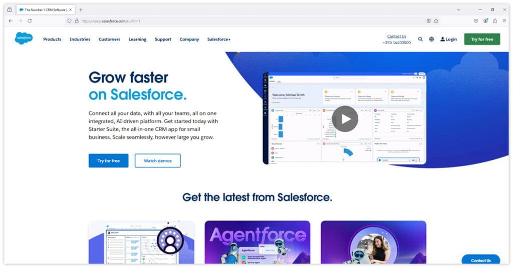 Salesforce homepage promoting AI-powered CRM solutions with integrations for data platforms like Google Looker Studio.