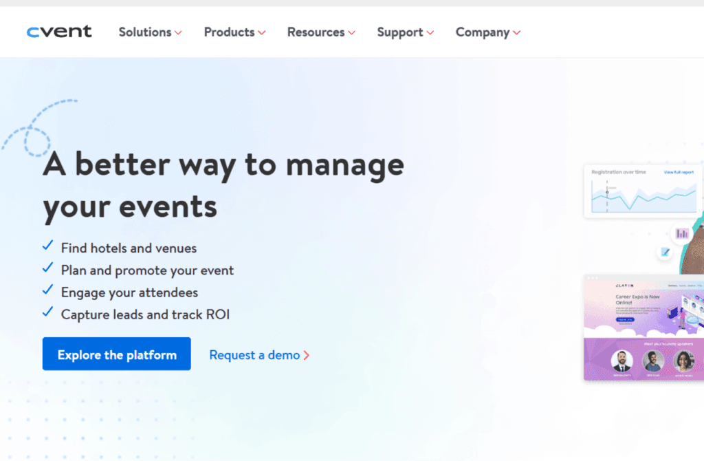 Webpage interface of 'Marketing Management Tools' displaying features for event management, including venue selection, event promotion, attendee engagement, and ROI tracking, with a clear call-to-action button.