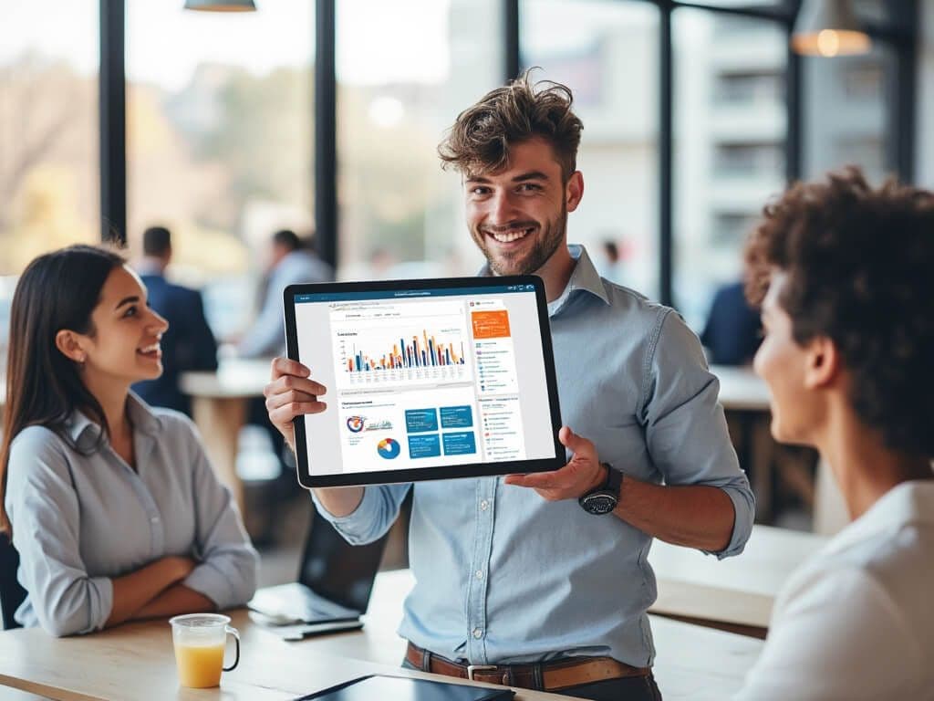 A man holding a tablet displaying a marketing analytics dashboard, demonstrating the use of AI tools for marketing in a team setting.