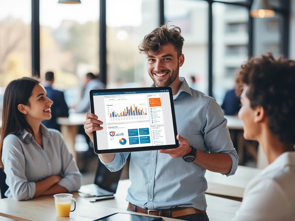 A man holding a tablet displaying a marketing analytics dashboard, demonstrating the use of AI tools for marketing in a team setting.