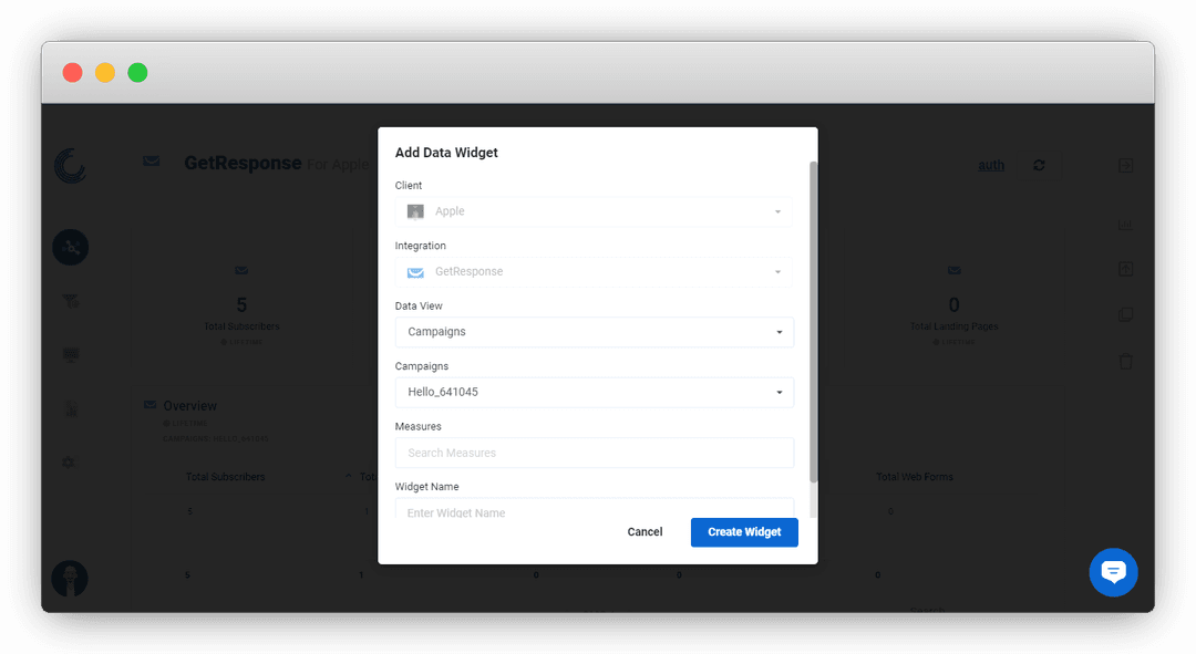 Screenshot of the GetResponse widget builder in Oviond.
