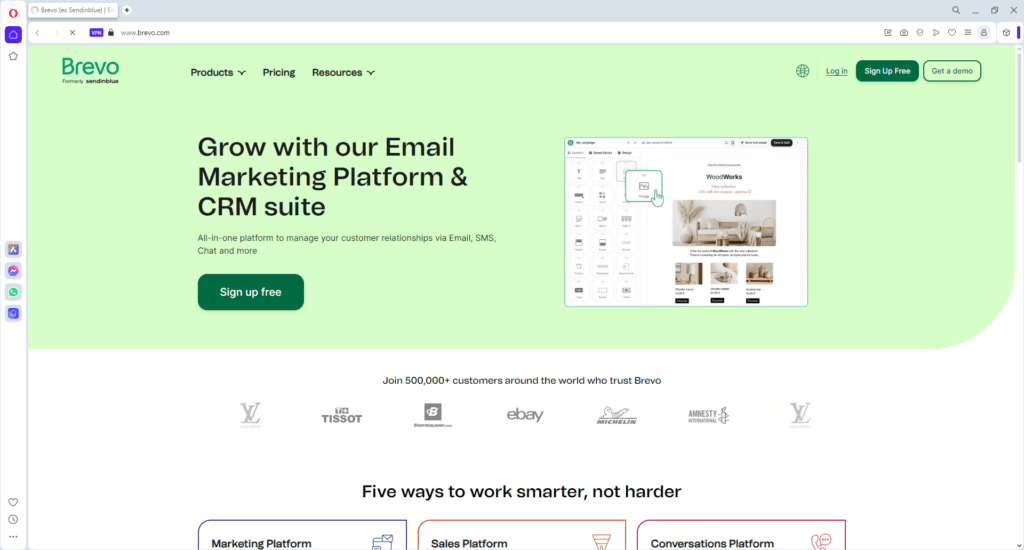 Brevo (formerly Sendinblue) website showcasing their AI-powered email marketing platform and CRM suite for managing customer relationships via email, SMS, and chat.
