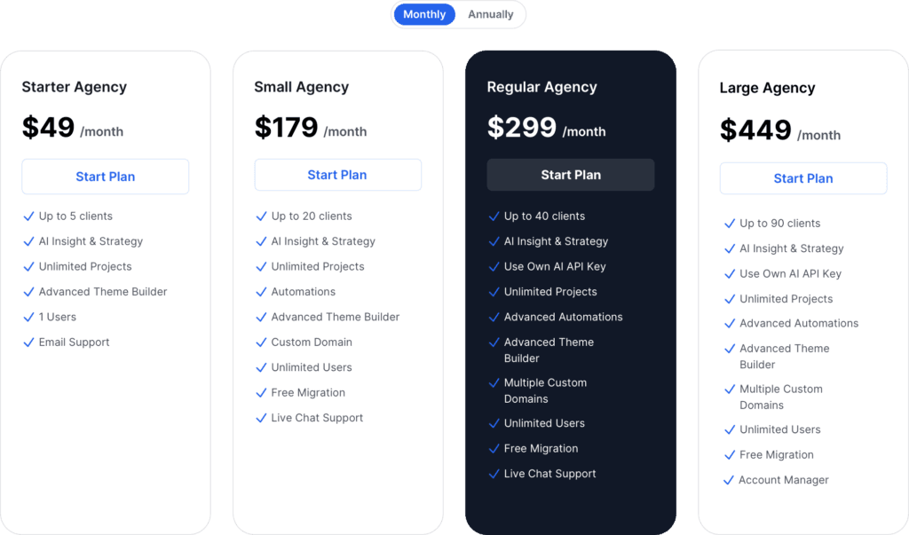 Oviond update showing pricing plans for Starter, Small, Regular, and Large Agency with detailed feature comparison.