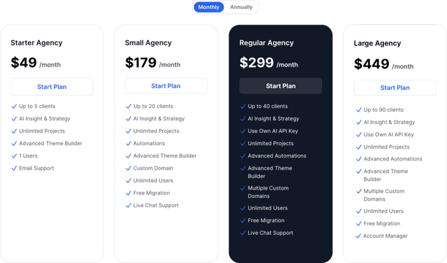 Oviond update showing pricing plans for Starter, Small, Regular, and Large Agency with detailed feature comparison.