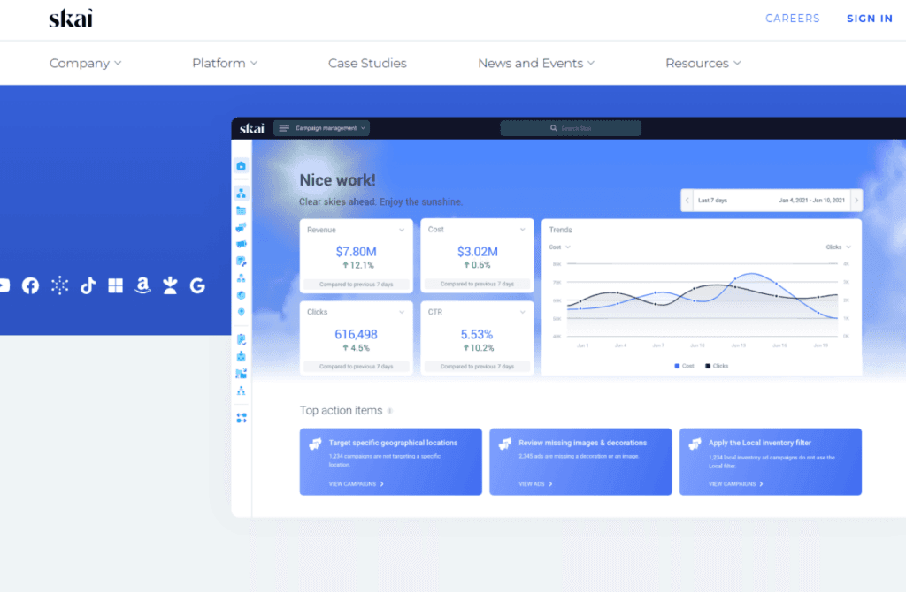 Skai platform interface displaying marketing management tools with analytics on revenue, costs, and engagement, essential for optimizing online advertising campaigns.