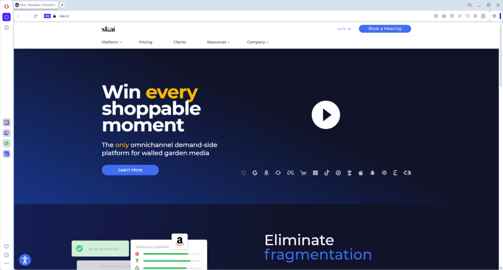 Skai homepage showcasing its AI-powered omnichannel demand-side platform to optimize advertising across walled garden media for improved shoppable moments.