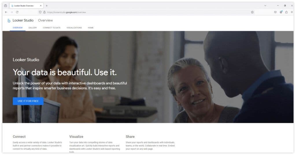Google Looker Studio homepage promoting interactive dashboards and data visualization for better decision-making.