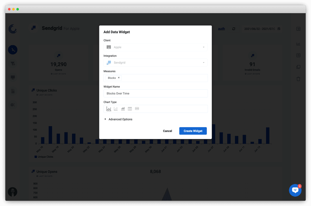 Screenshot of the SendGrid widget builder in Oviond.