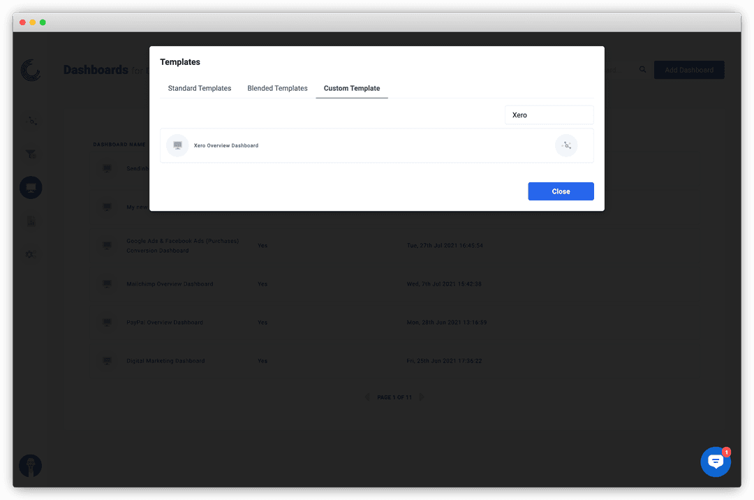 A screenshot of Xero dashboard templates available on Oviond.