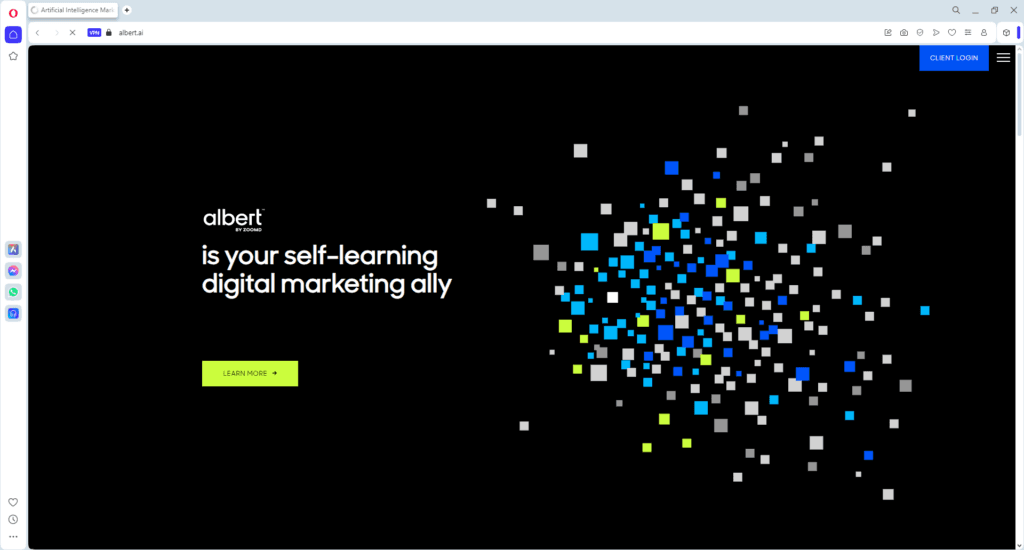 Screenshot of Albert AI homepage, a free AI tool for digital marketing agencies offering automated, self-learning campaign management.