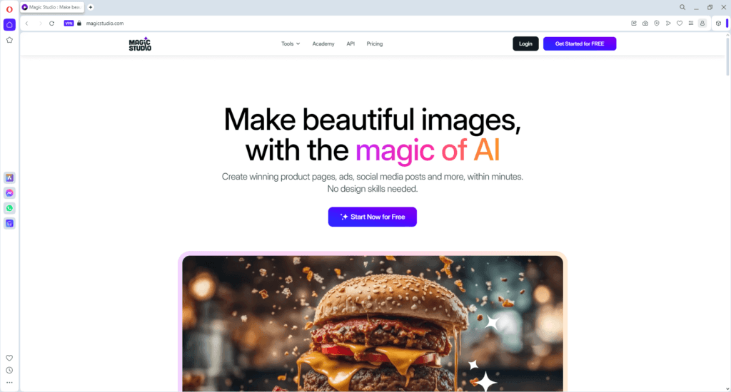 Magic Studio homepage promoting an AI-powered platform for creating beautiful images for product pages, ads, and social media posts quickly and easily.
