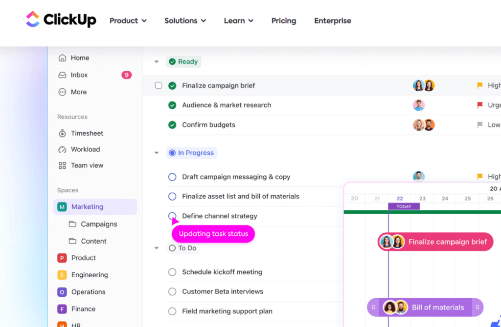 Screenshot of 'Marketing Management Tools' within a project management application showing tasks organized by status and a collaborative calendar, emphasizing the tool's capability in streamlining marketing operations and team coordination.