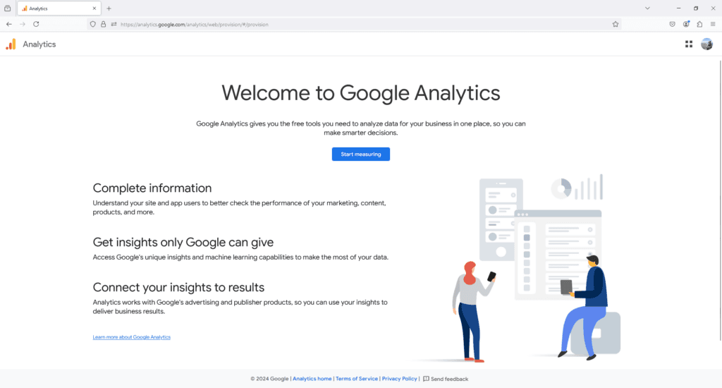 Google Analytics homepage promoting tools for data analysis, performance measurement, and actionable insights.