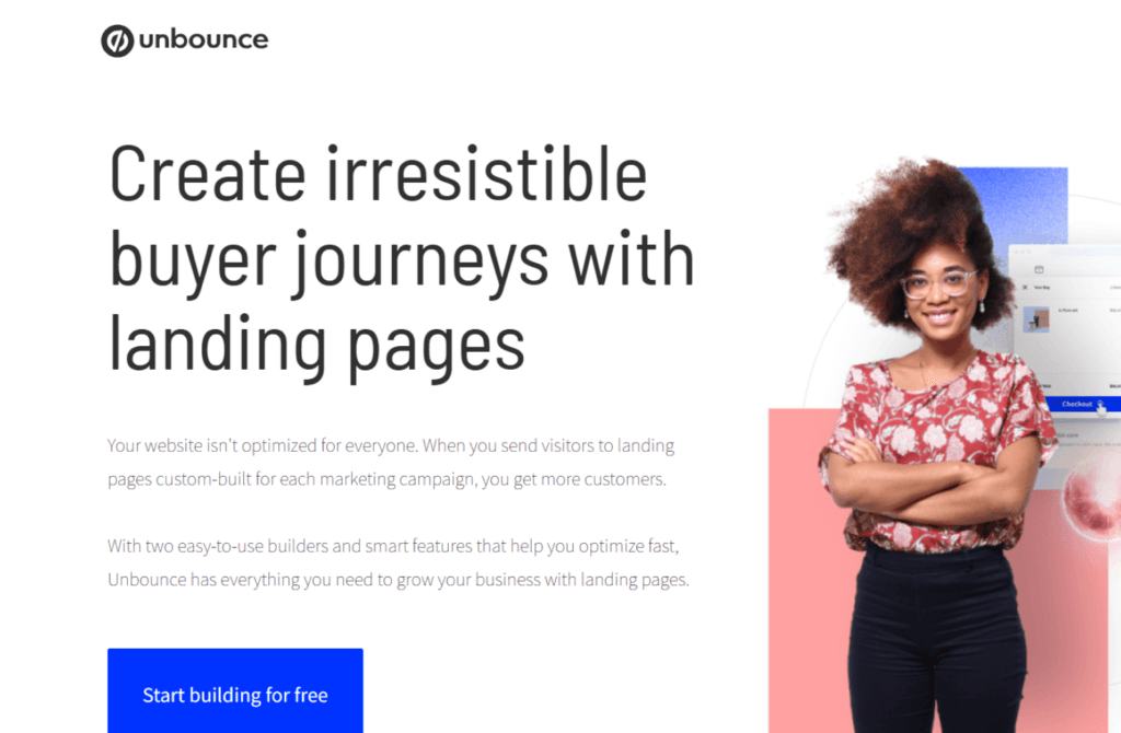 Screenshot of Unbounce's landing page promoting their marketing management tools, with a confident marketer standing beside the text, symbolizing success in creating impactful buyer journeys.