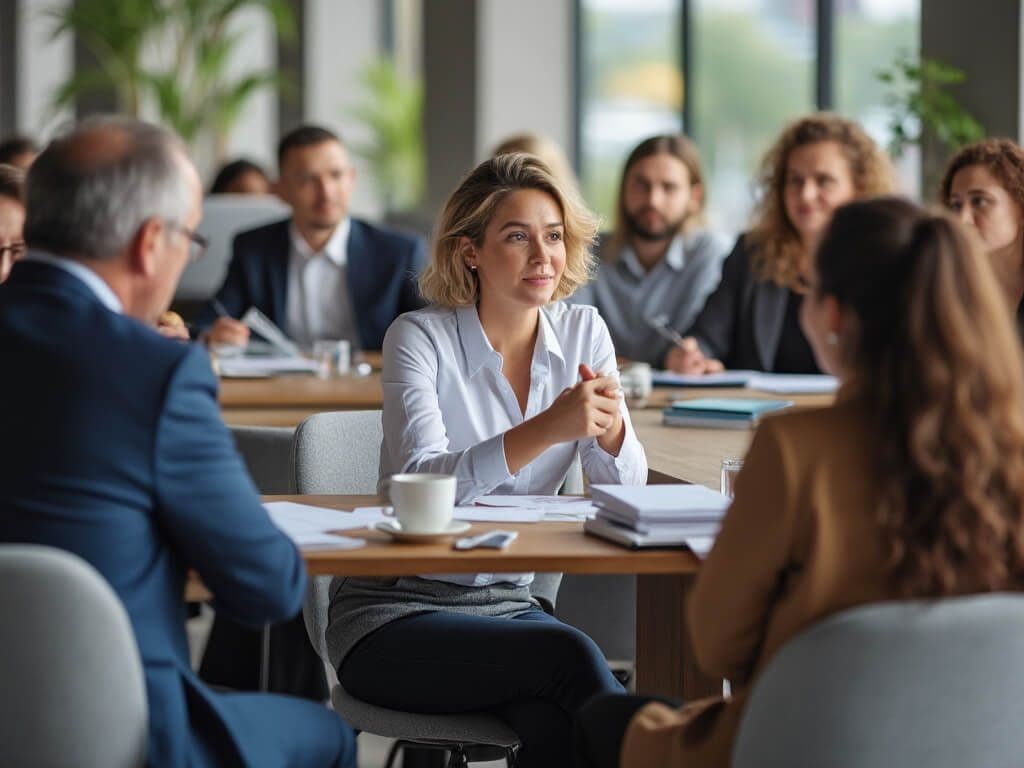 Business professionals in a meeting discussing strategies, symbolizing the role of AI tools for marketing in enhancing collaboration and decision-making.
