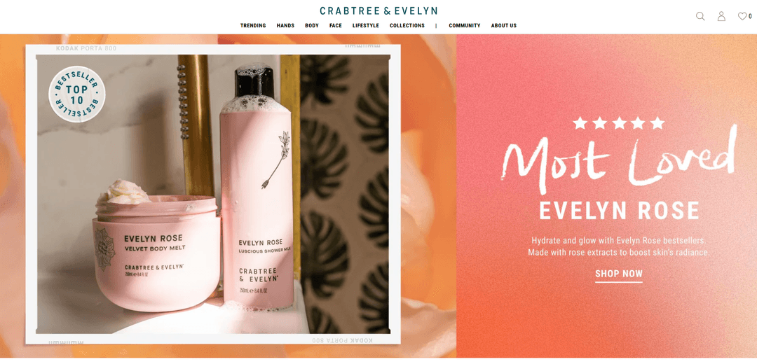 Screenshot of Crabtree & Evelyn homepage highlighting the "Evelyn Rose" collection, featuring the Velvet Body Melt and Luscious Shower Milk, designed for hydration and radiance.