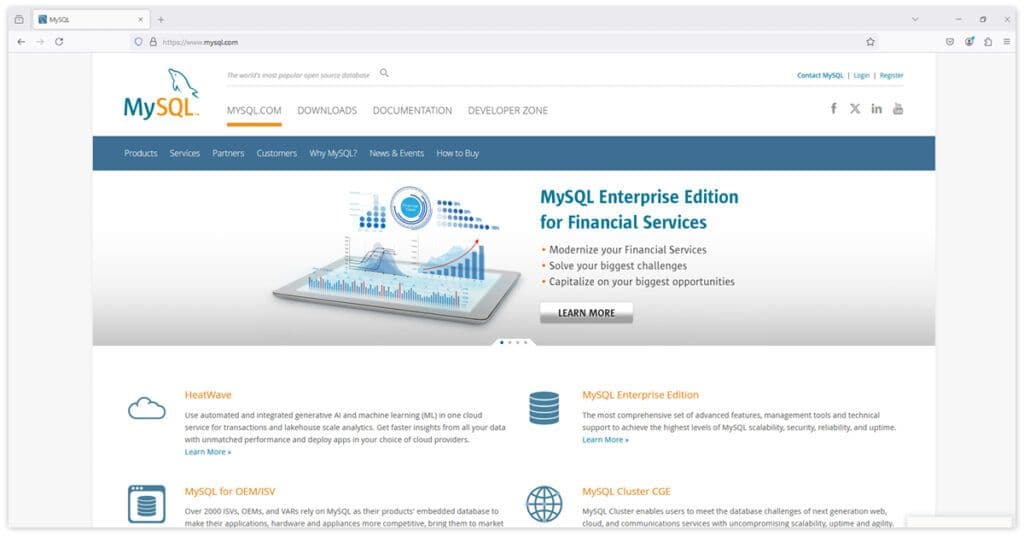 MySQL Enterprise Edition webpage highlighting features for financial services, performance, and integration with analytics tools like Google Looker Studio.