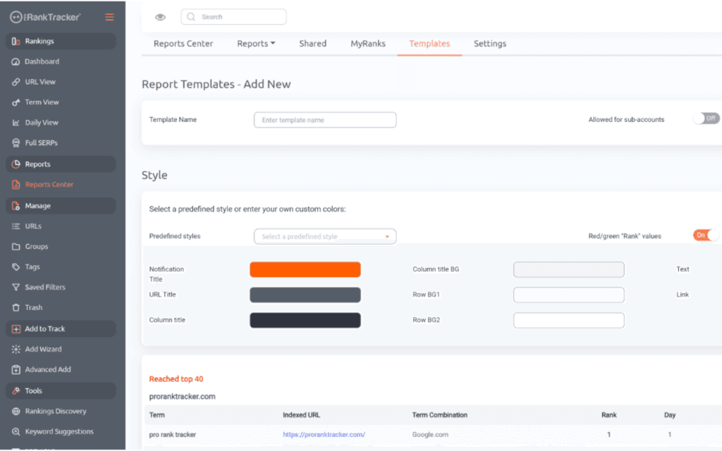 Interface of an SEO rank tracking tool for creating a new Keyword Research Report template with customizable style options.