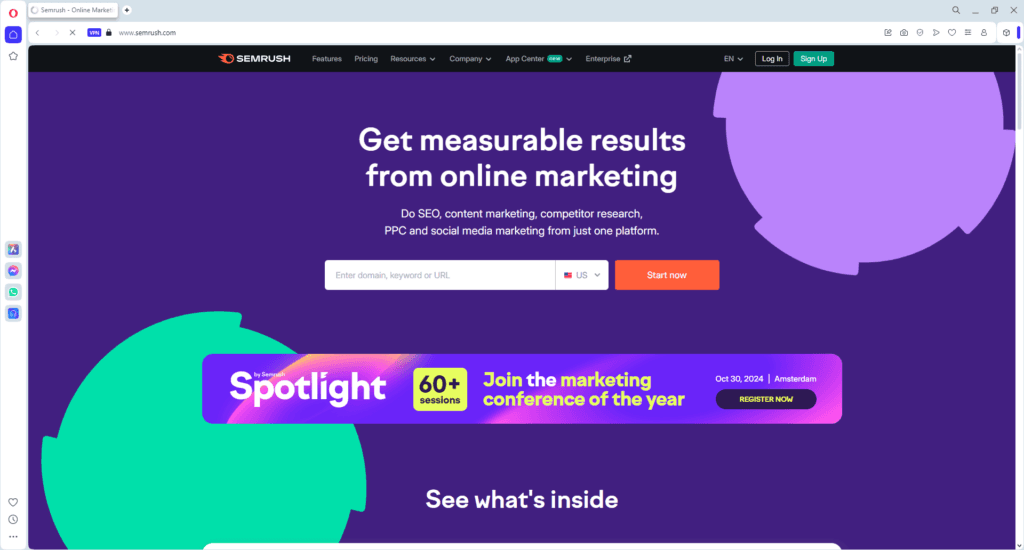 Screenshot of SEMrush homepage featuring free AI tools for digital marketing agencies, including SEO, content marketing, and PPC management.