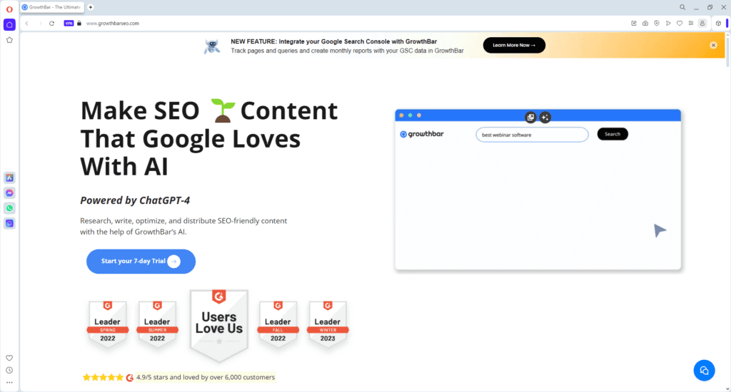 GrowthBar homepage showcasing its AI-powered SEO content creation and optimization tools, helping businesses research, write, and distribute content using ChatGPT-4.