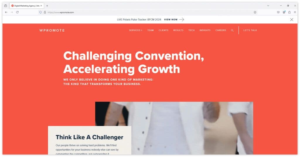 Wpromote webpage promoting growth-focused marketing strategies, similar to tools like Google Looker Studio for business insights.