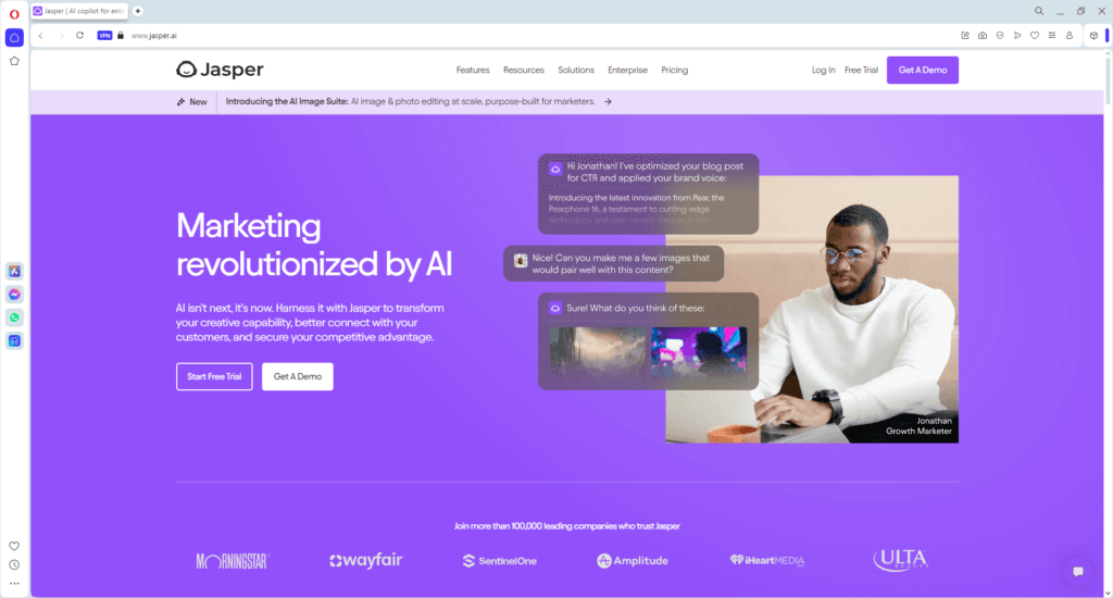 Screenshot of Jasper AI homepage showcasing free AI tools for digital marketing agencies, including AI content creation and image editing for enhanced marketing.