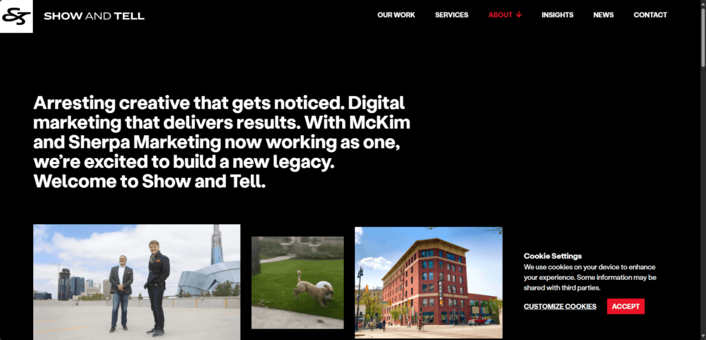 Screenshot of Show and Tell homepage showcasing digital marketing solutions with creative campaigns and AI tools for agencies.