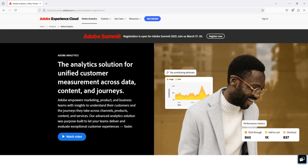 Adobe Marketing Analytics banner featuring a smiling man, performance metrics, and data visualization.
