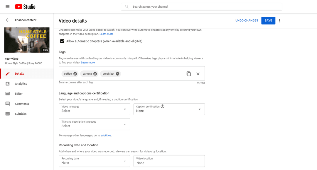 Screenshot of the SEO settings in YouTube