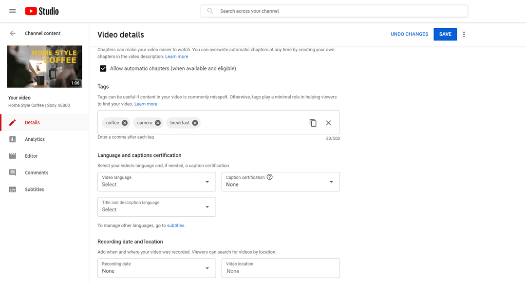 Screenshot of the SEO settings in YouTube