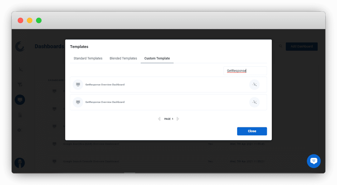 A screenshot of GetResponse dashboard templates available on Oviond