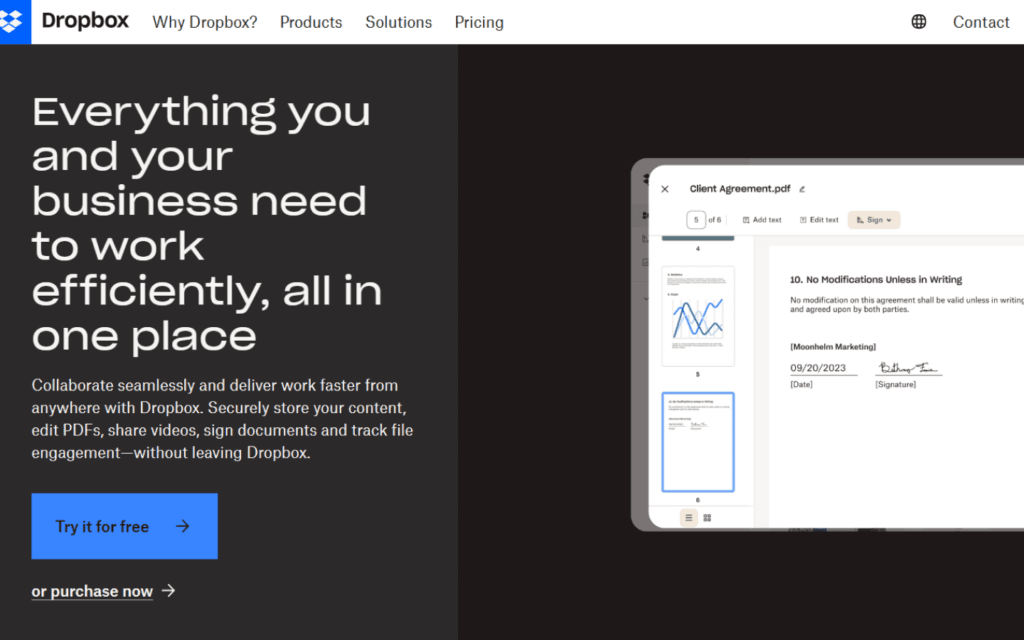 Dropbox webpage showcasing its role as a Marketing Management Tool with text and an open document on a mobile device interface.