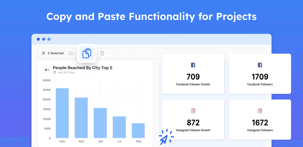 Oviond update featuring copy and paste functionality for projects, with charts and social media growth statistics displayed.