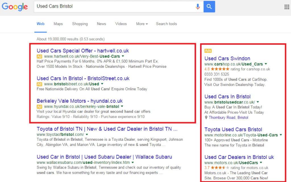 Screenshot of Google SERP featuring paid advertisements for used car dealerships in Bristol, demonstrating paid advertising in digital marketing.