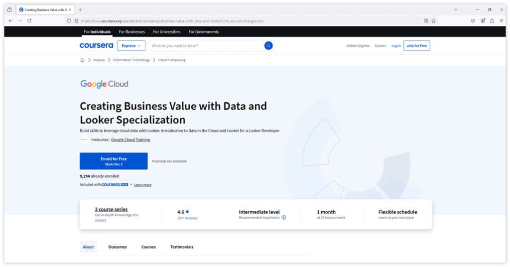 Coursera course page for Google Cloud’s Looker Specialization, focusing on data analysis and tools like Google Looker Studio.