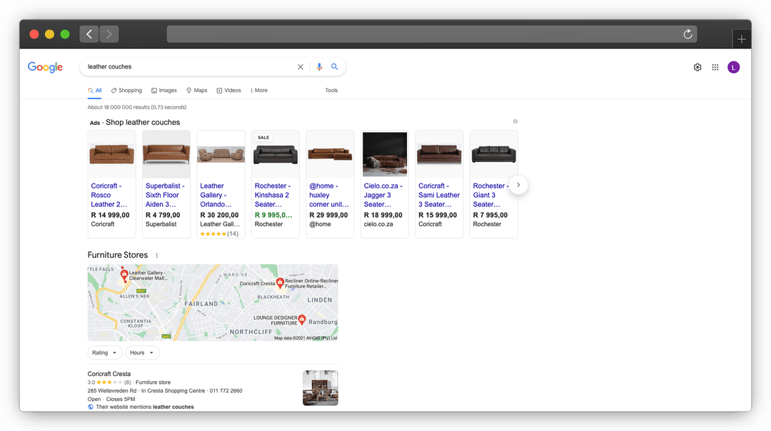 Screenshot of a search engine results page for 'leather couches' with multiple paid advertisements and a map of furniture stores.
