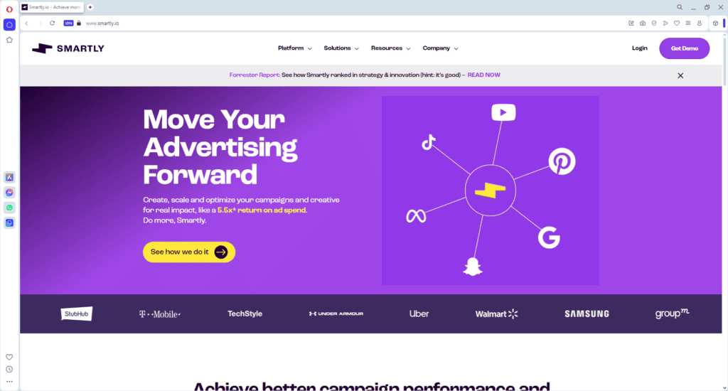Screenshot of Smartly.io homepage showcasing a free AI tool for digital marketing agencies to optimize and scale advertising campaigns across platforms.