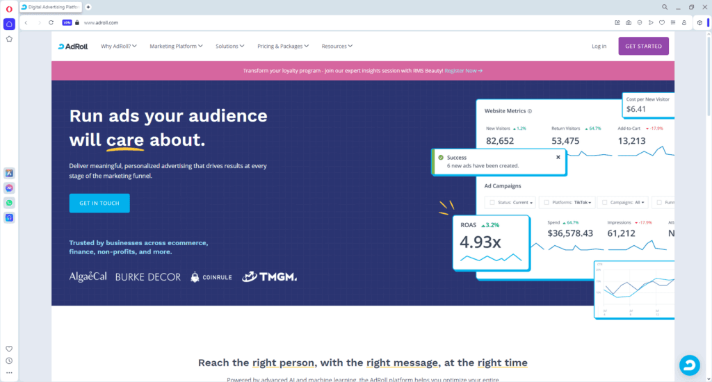 Screenshot of AdRoll homepage showcasing free AI tools for digital marketing agencies to optimize ad campaigns and improve ROAS across multiple platforms.