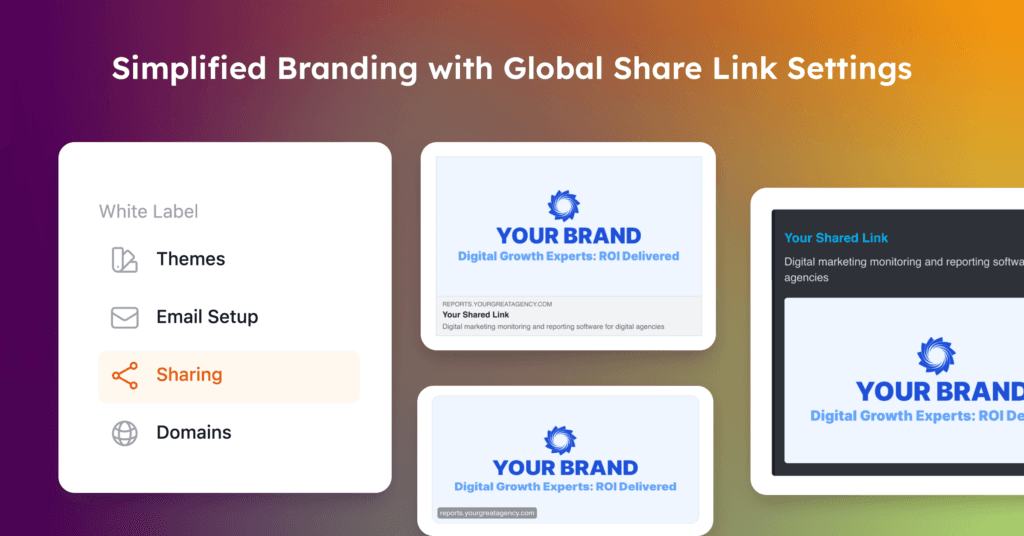 Oviond updates showcasing simplified branding with global share link settings and white label customization options.