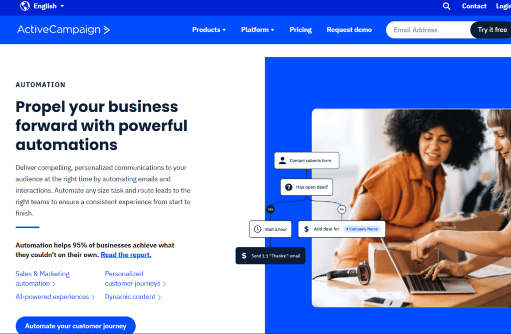Homepage of 'ActiveCampaign' highlighting Marketing Management Tools with a focus on automations for sales and marketing, featuring two professionals engaging in marketing tasks.
