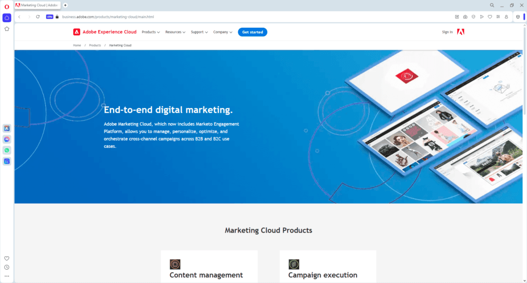 Screenshot of Adobe Experience Cloud homepage showcasing free AI tools for digital marketing agencies, including content management and cross-channel campaign optimization.