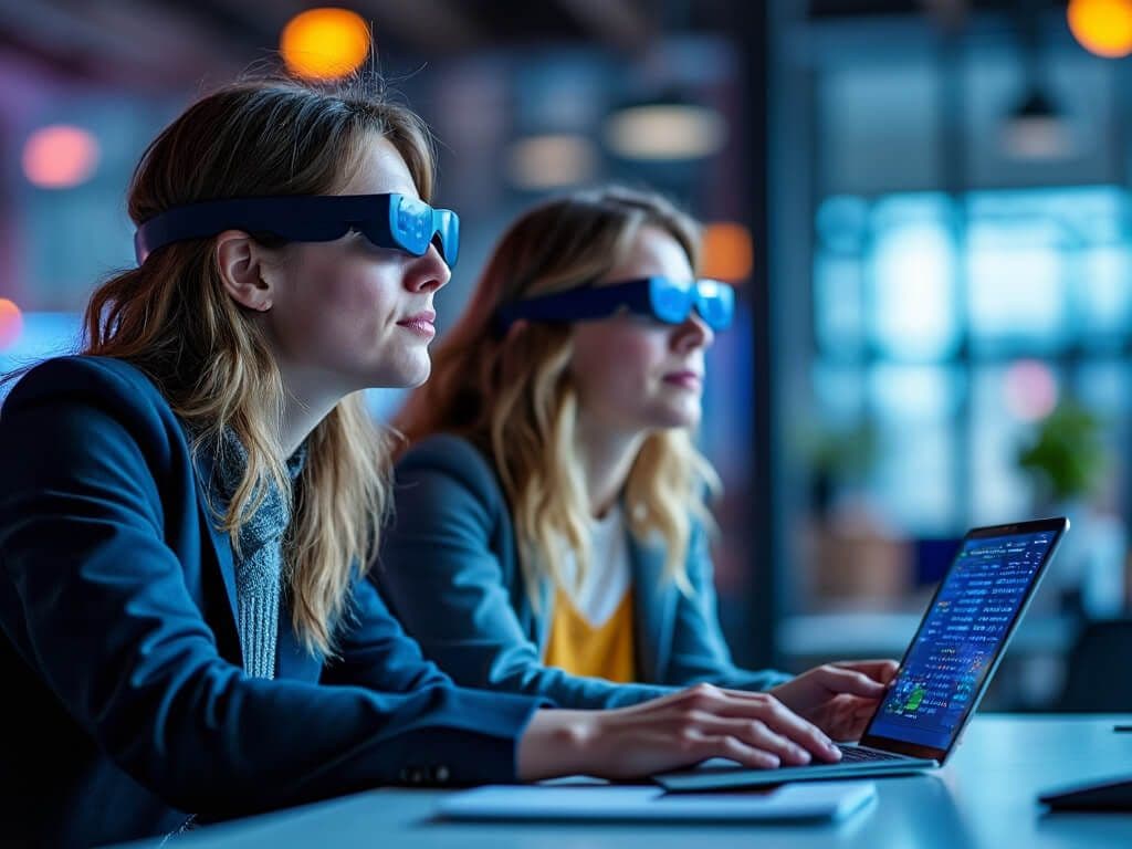 Two women wearing AR glasses while using laptops, demonstrating the use of AI tools for marketing to enhance data visualization and customer engagement through augmented reality.