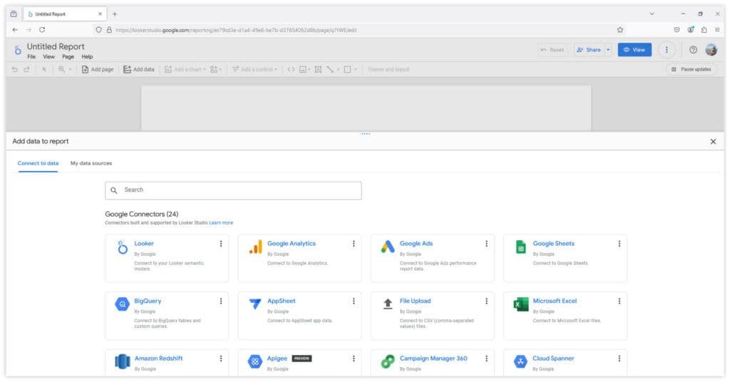 Google Looker Studio interface displaying data connectors for adding sources like Google Analytics, Sheets, and BigQuery to a report.