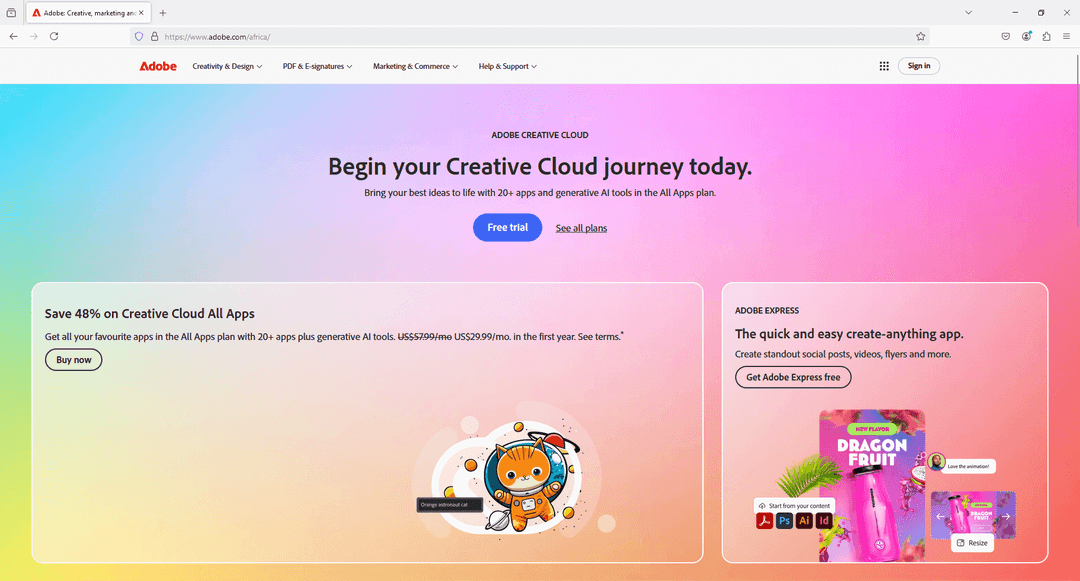 Adobe Creative Cloud page showcasing tools, offers, and visuals relevant to Adobe Marketing Analytics insights.