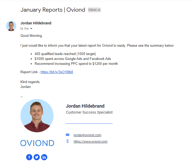 Screenshot of an email from Oviond.