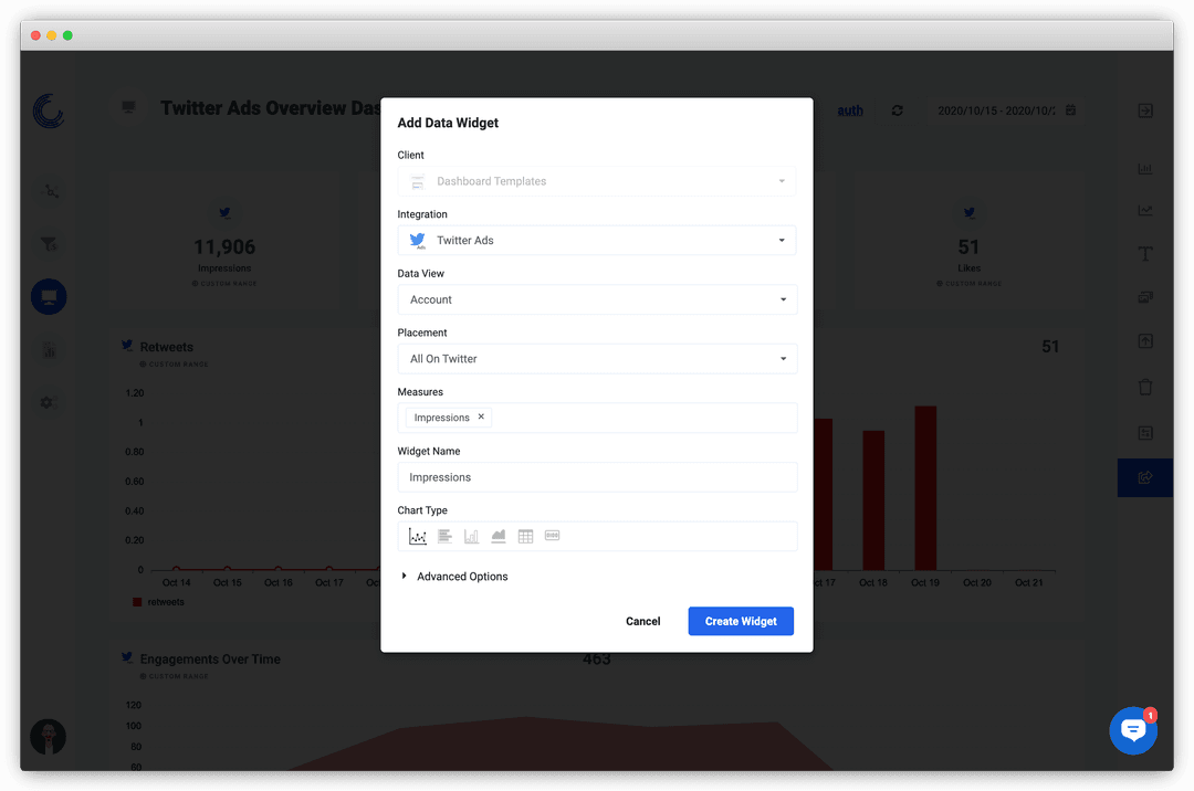Screenshot of the Twitter Ads widget builder in Oviond.