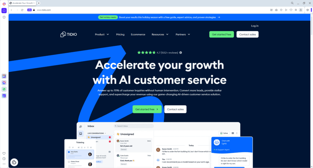 Screenshot of Tidio homepage showcasing a free AI tool for digital marketing agencies to automate customer service and improve lead conversion.
