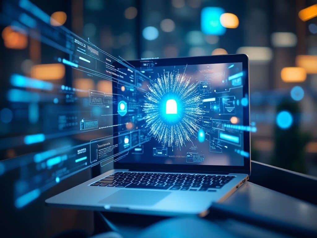 A laptop showing a digital lock symbol with surrounding data streams, symbolizing the use of AI tools for marketing to secure data and protect customer privacy.